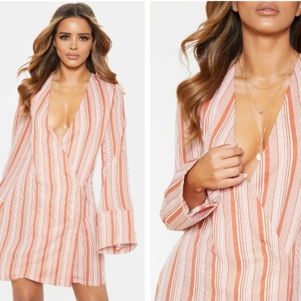 Pretty Little Thing Petite Rust Stripe Flare Sleeve Blazer Dress Size 2